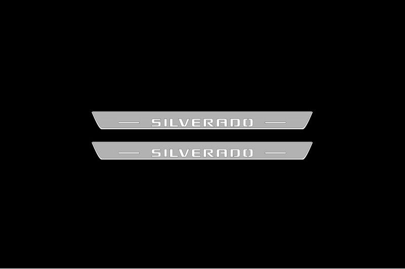 Illuminated LED Door Sill Tread Plates Chevrolet Silverado III 2014-2019 With Silverado Logo Chevrolet Led Door Sills opdesign
