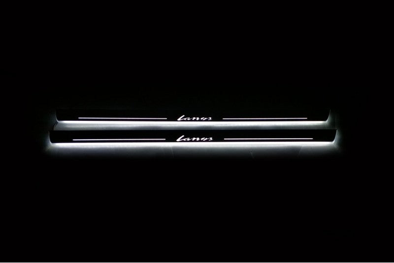 Daewoo Lanos 1997+ door sill plates in stainless steel with Lanos logo