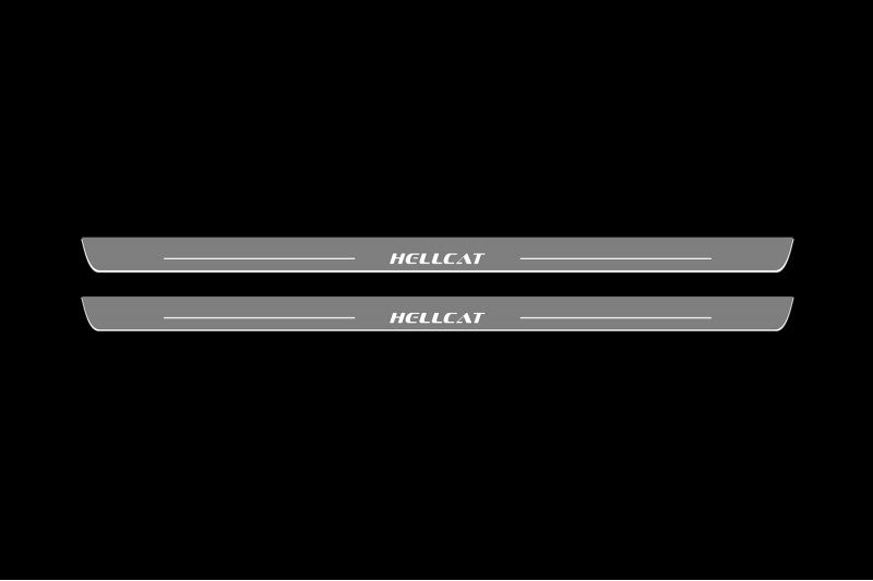 Illuminated LED Door Sill Tread Plates Dodge Challenger 2008-2023 With HELLCAT Logo Dodge Led Door Sills opdesign