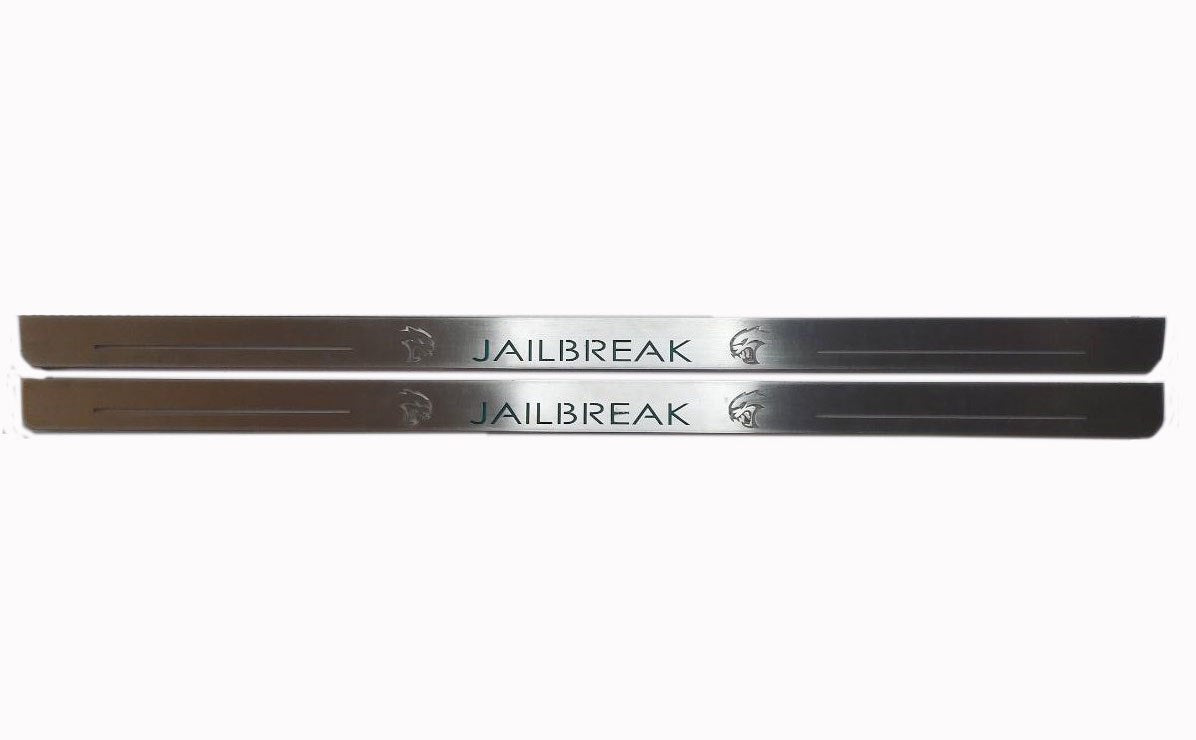 Two long silver-finished door sill plates with Jailbreak lettering and Hellcat-head emblems.