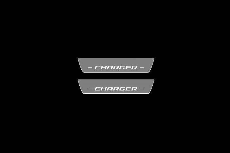 Illuminated LED Door Sill Tread Plates Dodge Charger 2023+ With CHARGER Logo Dodge Led Door Sills opdesign