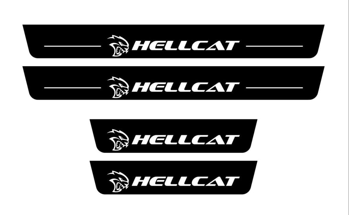 Catalog illustration of four black door sill plates with white Hellcat lettering and head emblems.