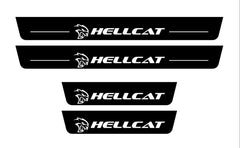 Catalog illustration of four black door sill plates with white Hellcat lettering and head emblems.