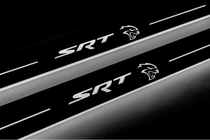 Dodge Durango III 2011+ stainless steel LED door sill plates with SRT Hellcat logo