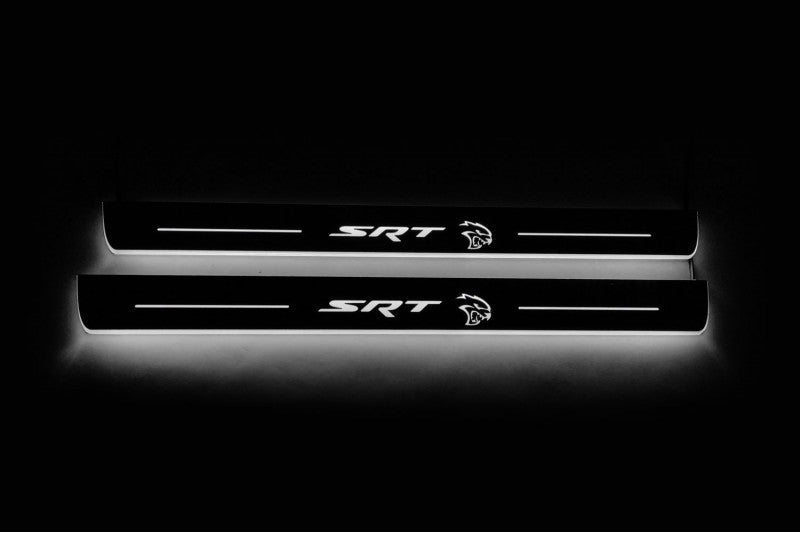 Dodge Durango III 2011+ stainless steel LED door sill plates with SRT Hellcat logo
