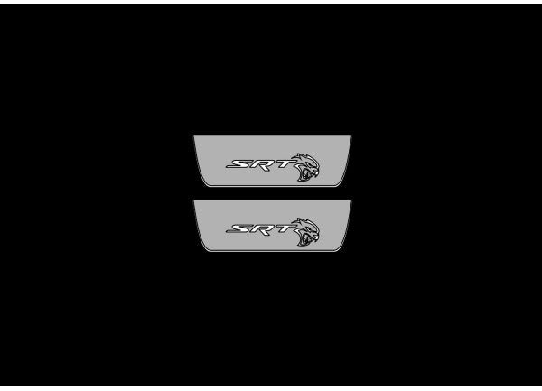 Catalog illustration of two short gray door sill plates with SRT lettering and Hellcat-head emblems on a black background.