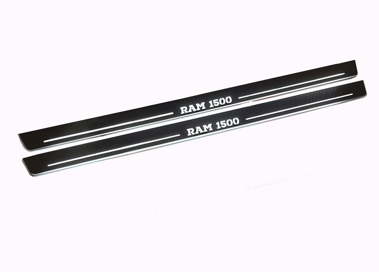 Illuminated LED Door Sill Tread Plates Dodge Ram V 2019+ With RAM 1500 Logo (Type 2) Dodge Led Door Sills opdesign