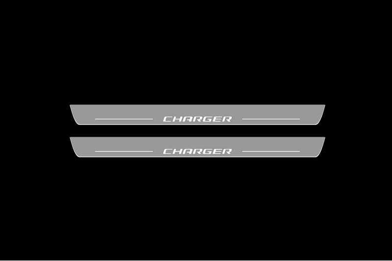 Illuminated LED Door Sill Tread Plates Dodge Charger 2005-2011 With Charger Logo Dodge Led Door Sills opdesign