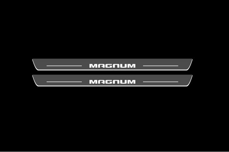 Illuminated LED Door Sill Tread Plates Dodge Magnum 2004-2008 With Magnum Logo Dodge Led Door Sills opdesign