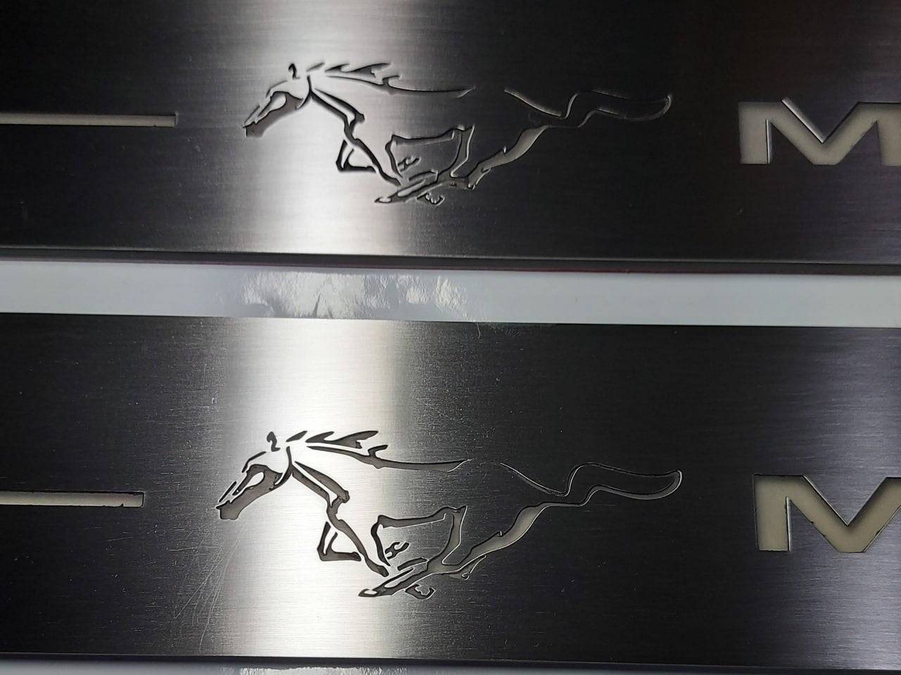 Illuminated LED Door Sill Tread Plates Ford Mustang VI 2015-2023 With Mustang Logo Ford Led Door Sills opdesign