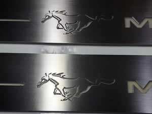Illuminated LED Door Sill Tread Plates Ford Mustang VI 2015-2023 With Mustang Logo Ford Led Door Sills opdesign
