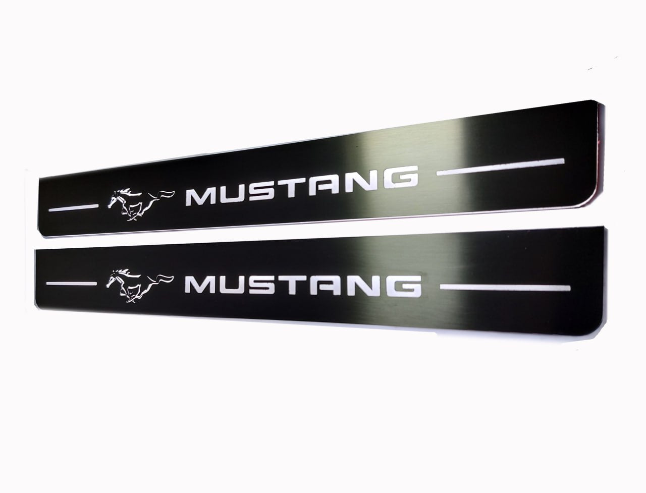 Illuminated LED Door Sill Tread Plates Ford Mustang VI 2015-2023 With Mustang Logo Ford Led Door Sills opdesign