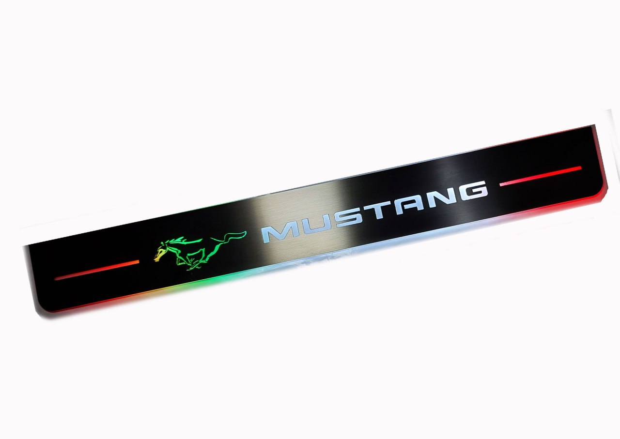 Illuminated LED Door Sill Tread Plates Ford Mustang VI 2015-2023 With Mustang Logo Ford Led Door Sills opdesign