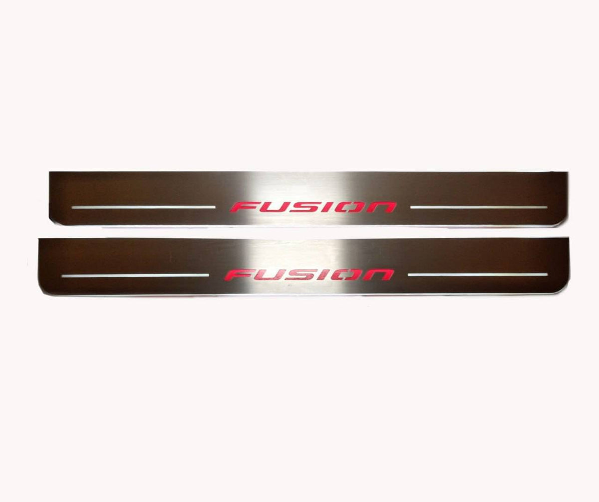 Ford Fusion II CD4 2012+ LED door sill plates in stainless steel with Fusion logo