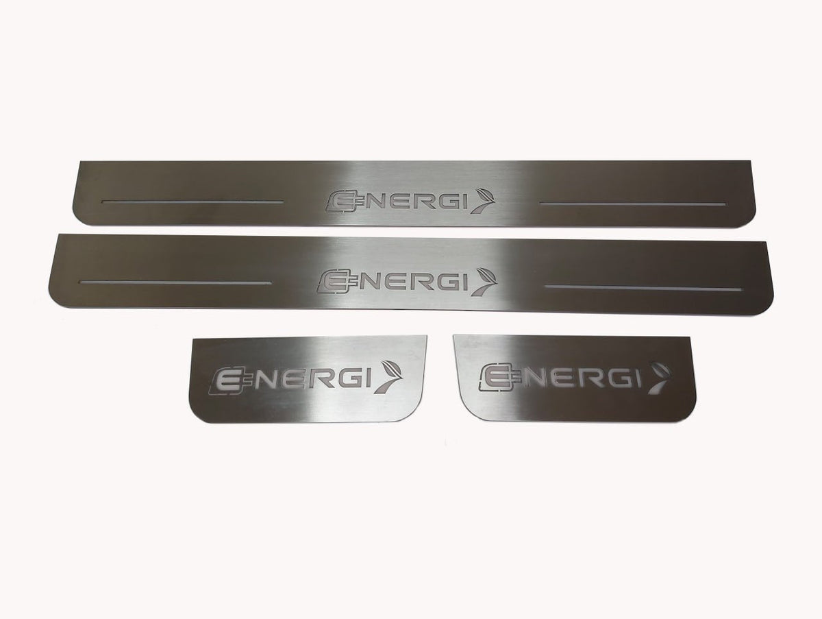 Four silver-finished door sill plates with unframed Energi lettering, plug and arrow emblems.