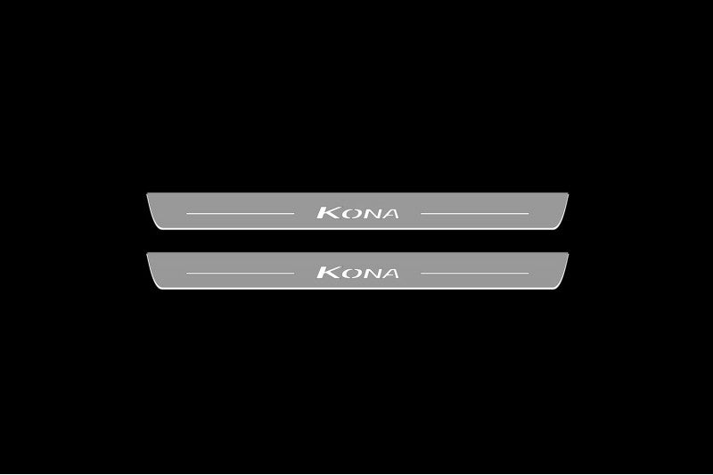Illuminated LED Door Sill Tread Plates Hyundai Kona I 2017-2022 With Kona Logo Hyundai Led Door Sills opdesign