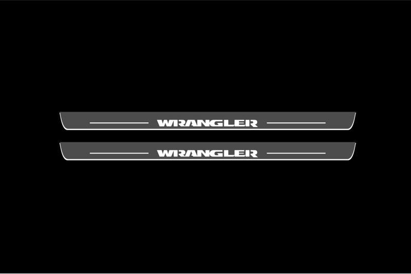 Jeep Wrangler JK 2006+ door sill plates in stainless steel with Wrangler logo