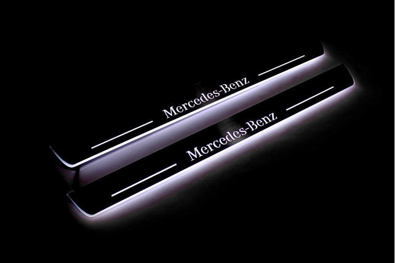 Mercedes CLS X218 2012+ LED door sill plates in stainless steel with Mercedes-Benz logo