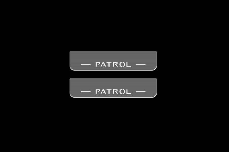 Illuminated LED Door Sill Tread Plates Nissan Patrol Y62 2010+ With Patrol Logo Nissan Led Door Sills opdesign