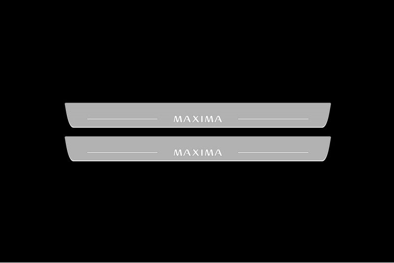 Illuminated LED Door Sill Tread Plates Nissan Maxima VIII 2015+ With Maxima Logo Nissan Led Door Sills opdesign