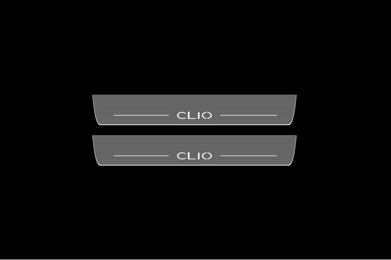 Catalog illustration of two long gray door sill plates with white Clio lettering and horizontal lines on a white background.