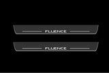 Catalog illustration of two long gray door sill plates with white Fluence lettering and horizontal lines on a black background.