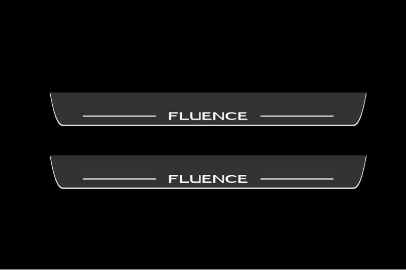 Catalog illustration of two long gray door sill plates with white Fluence lettering and horizontal lines on a black background.