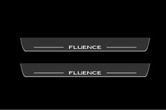 Catalog illustration of two long gray door sill plates with white Fluence lettering and horizontal lines on a black background.