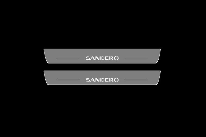 Illuminated LED Door Sill Tread Plates Renault Sandero II 2013+ With Sandero Logo Renault Led Door Sills opdesign