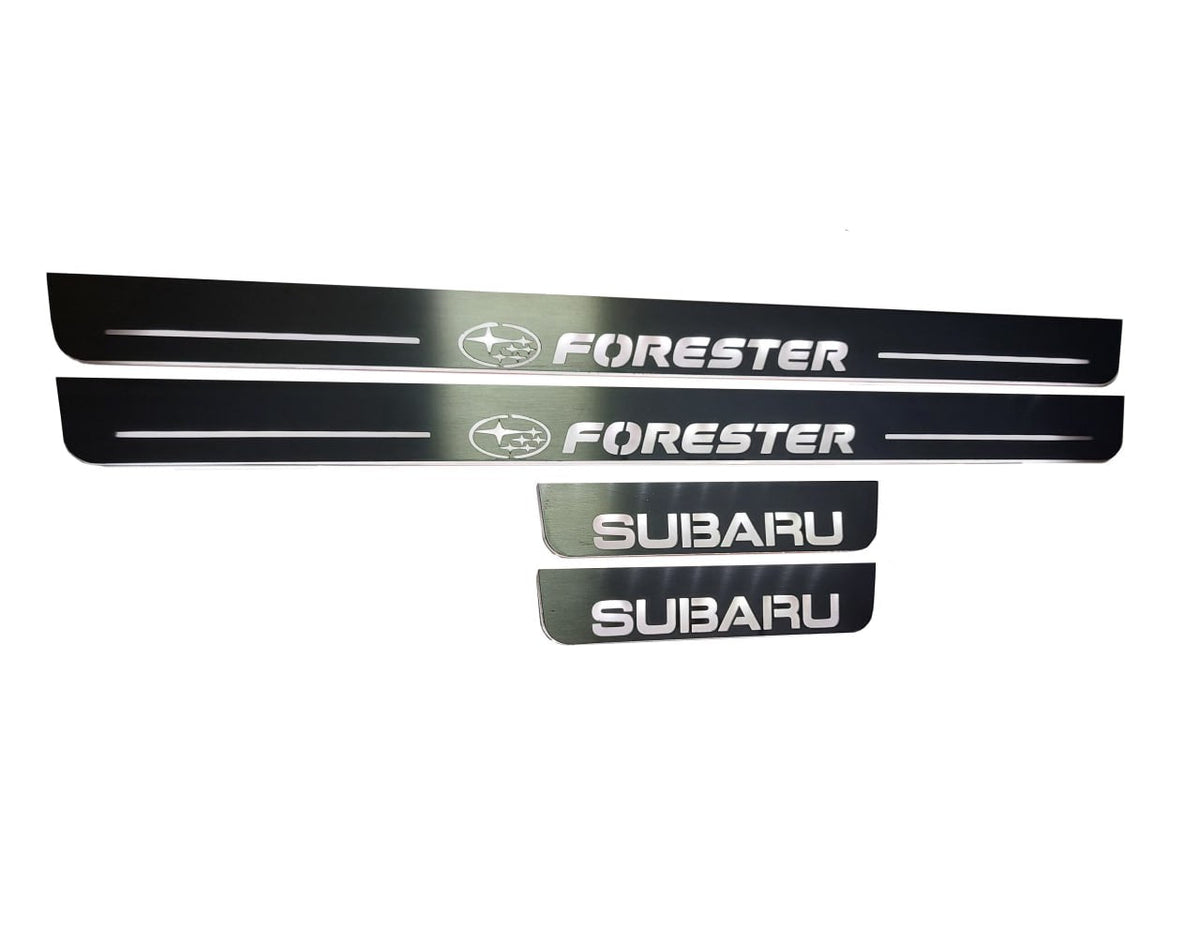 Subaru Forester IV 2012+ LED door sill plates in stainless steel with Forester logo
