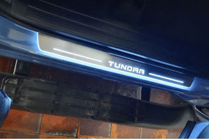 Illuminated LED Door Sill Tread Plates Toyota Tundra III 2014-2021 With Tundra Logo (CrewMax) Toyota Led Door Sills opdesign