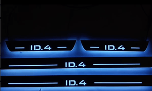Illuminated LED Door Sill Tread Plates Volkswagen ID.4 2020+ With ID.4 Logo Volkswagen Led Door Sills opdesign BLUE FRONT+REAR STAINLESS STEEL