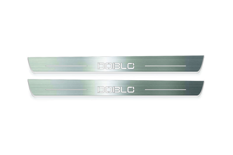 Fiat Doblo 2010+ illuminated entry guards in stainless steel with Doblo logo