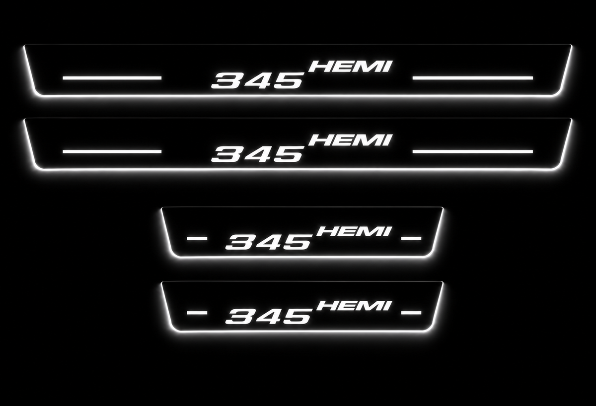 Four Dodge 345 HEMI stainless steel door sills in darkness with white LED lettering, bars and illuminated side edges.