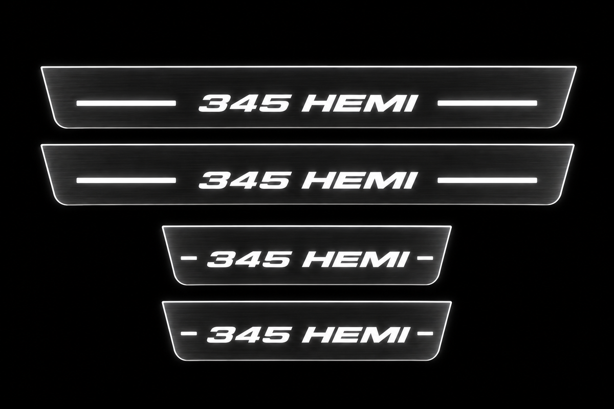 Four Stainless 345 HEMI LED door sill plates, two long and two short; white illuminated lettering, bars and Stainless edges, dark night scene.
