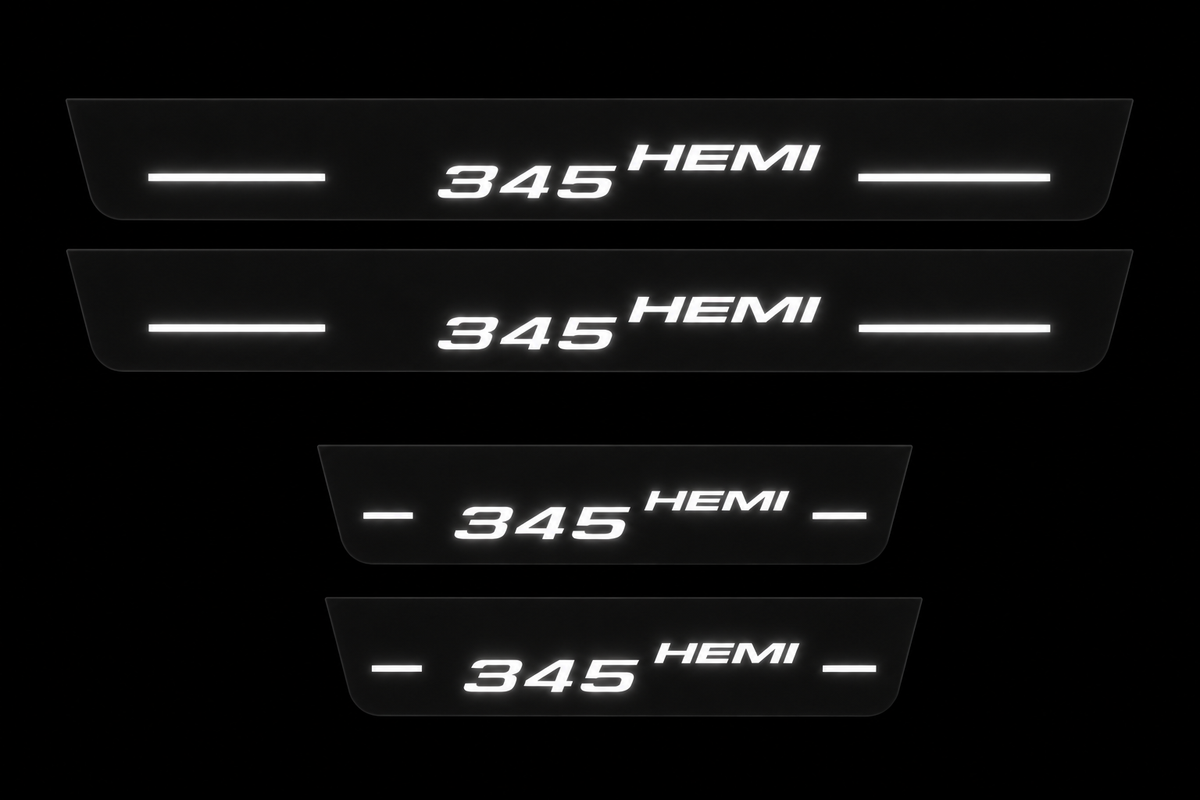 Four 345-hemi-type1-matte-full Matte PRO door sill plates, two long and two short; exact source geometry and artwork, white LED details, physical edges unlit.