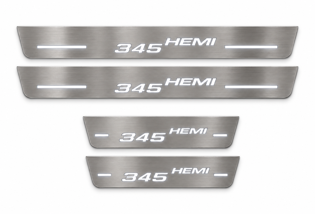 Four brushed stainless 345 HEMI door sill plates, raised HEMI lettering and white LED bars, white background — product visualization