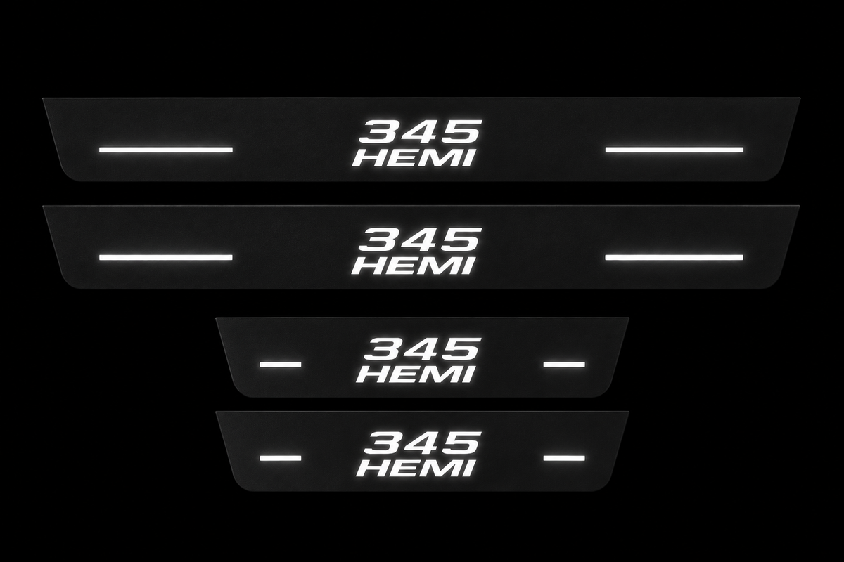 Four 345 HEMI Type 3 Matte PRO door sill plates; two long and two short, white artwork and eight continuous bars, physical edges unlit.