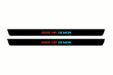 Catalogue illustration of two front black Matte PRO LED door sill plates with illuminated 1025 HP DEMON lettering for Dodge Challenger Coupe LC; dimensions are selected during manufacture.