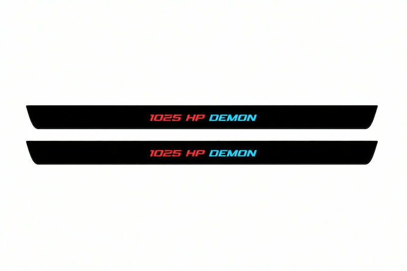 Catalogue illustration of two front black Matte PRO LED door sill plates with illuminated 1025 HP DEMON lettering for Dodge Challenger Coupe LC; dimensions are selected during manufacture.