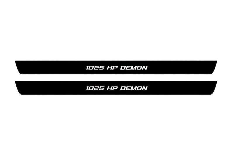 Catalogue illustration of two front black Matte PRO LED door sill plates with illuminated 1025 HP DEMON lettering for Dodge Challenger Coupe LC; dimensions are selected during manufacture.
