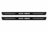 Catalogue illustration of two front black Matte PRO LED door sill plates with illuminated 345 HEMI lettering for Dodge Challenger Coupe LC; dimensions are selected during manufacture.