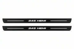 Catalogue illustration of two front black Matte PRO LED door sill plates with illuminated 345 HEMI lettering for Dodge Challenger Coupe LC; dimensions are selected during manufacture.