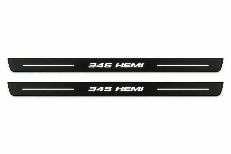 Catalogue illustration of two front black Matte PRO LED door sill plates with illuminated 345 HEMI lettering for Dodge Challenger Coupe LC; dimensions are selected during manufacture.