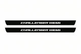 Catalogue illustration of two front black Matte PRO LED door sill plates with illuminated Challenger HEMI lettering for Dodge Challenger Coupe LC; dimensions are selected during manufacture.