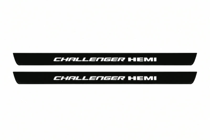 Catalogue illustration of two front black Matte PRO LED door sill plates with illuminated Challenger HEMI lettering for Dodge Challenger Coupe LC; dimensions are selected during manufacture.