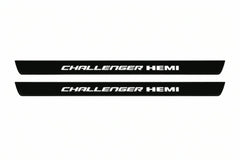 Catalogue illustration of two front black Matte PRO LED door sill plates with illuminated Challenger HEMI lettering for Dodge Challenger Coupe LC; dimensions are selected during manufacture.