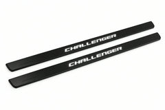 Catalogue illustration of two front black Matte PRO LED door sill plates with illuminated Challenger lettering for Dodge Challenger Coupe LC; dimensions are selected during manufacture.