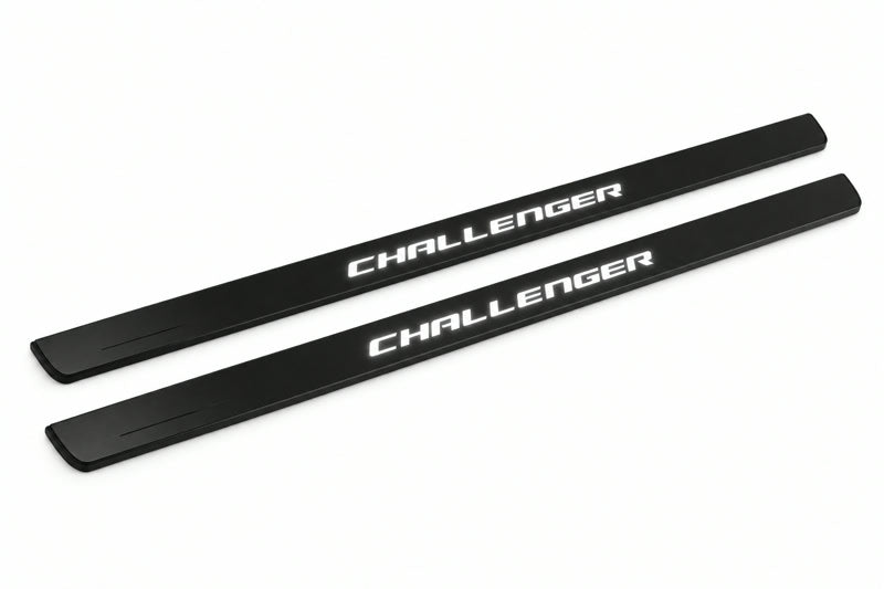 Catalogue illustration of two front black Matte PRO LED door sill plates with illuminated Challenger lettering for Dodge Challenger Coupe LC; dimensions are selected during manufacture.