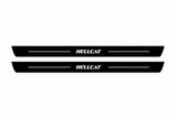 Catalogue illustration of two front black Matte PRO LED door sill plates with illuminated HELLCAT lettering for Dodge Challenger Coupe LC; dimensions are selected during manufacture.